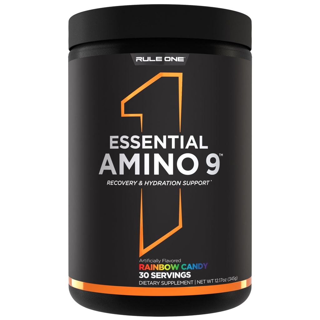 Règle 1 Amino essentiel 9 – Support de récupération et d'hydratation avec 7,5g d'acides aminés essentiels + électrolytes (30 portions, Rainbow Candy)