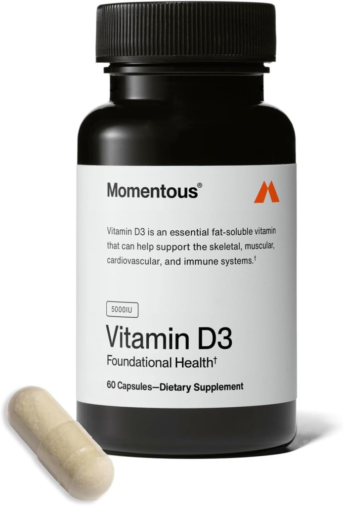 Momentous Vitamin D3 Supplement - 5,000 IU Capsules for Foundational Health Support - NSF Certified for Sport - Gluten-Free - 60 Servings