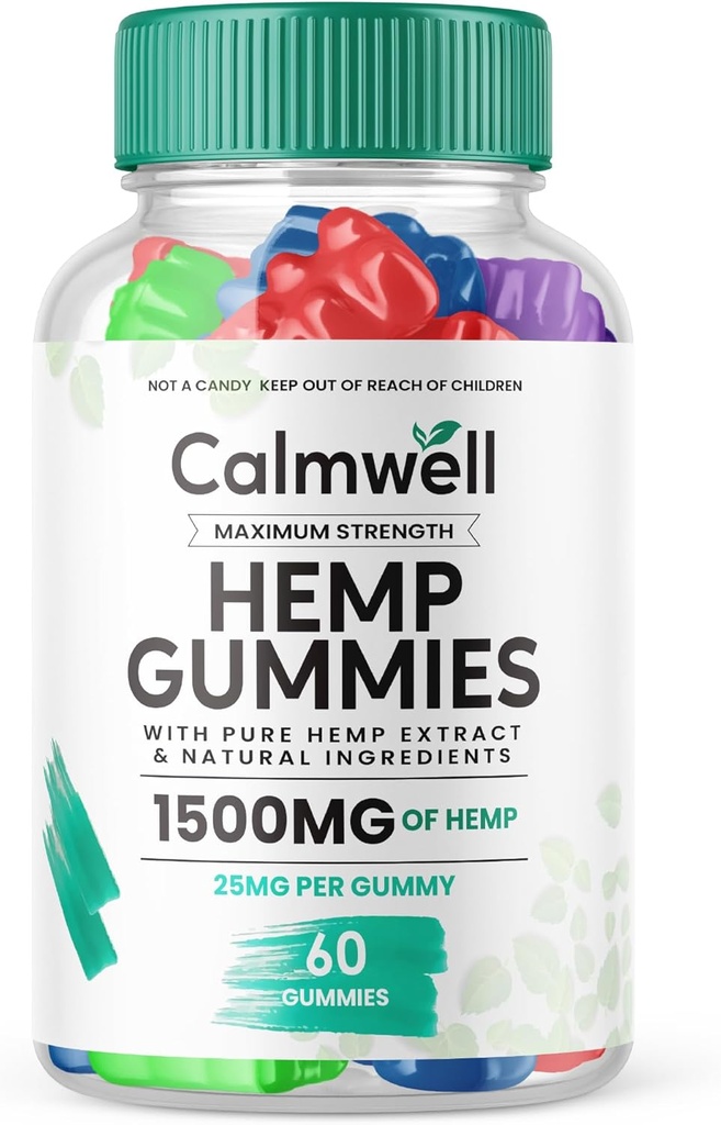 Gummies de chanvre Calmwell - Formule officielle - Gummies Calmwell Extra Strength, Maximum Performance Mélange de chanvre, Gummies Calm Well Grand goût 25mg Par Gummy 1500mg Par bouteille Nouveau mélange 2024 (60 Gummies)
