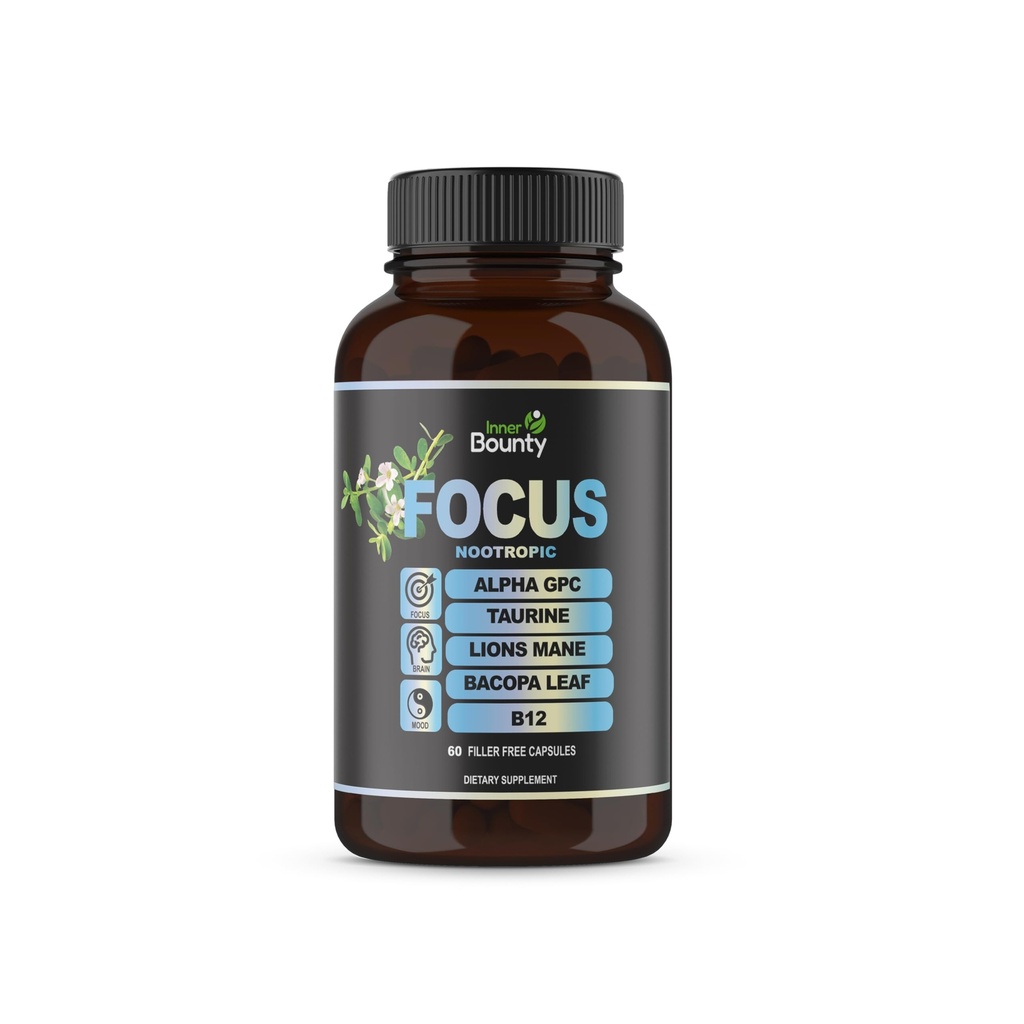 Focus 14-en-1 Nootropic Cerveau Supplément avec Lions Mane, Alpha GPC Choline, Vitamine C & B12, Taurine, Bacopa - Énergie, Cognitif, Support mémoire, 60 Capsules sans remplissage