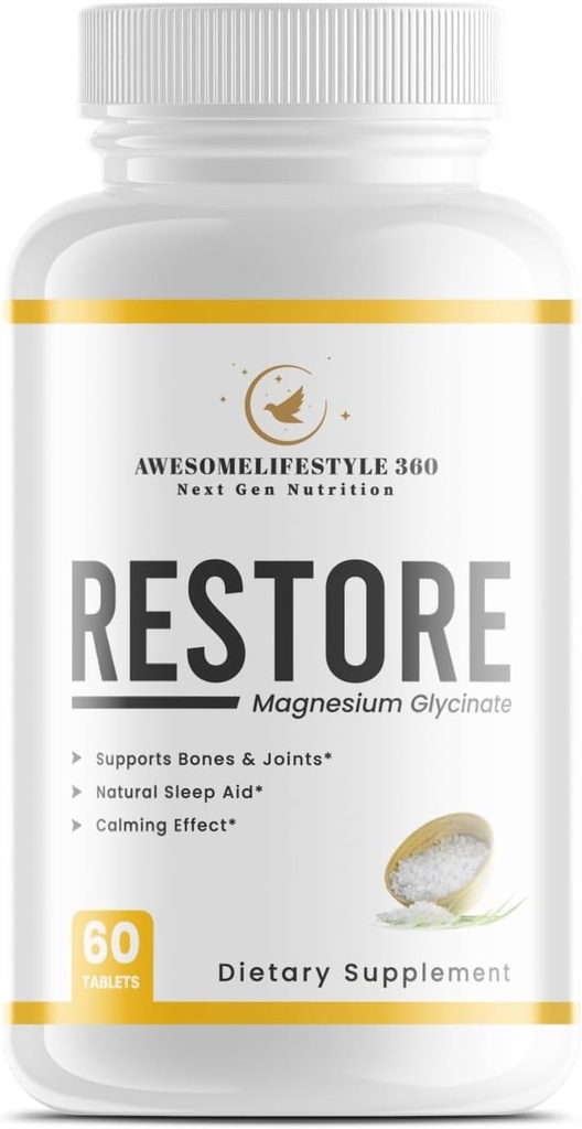 Awesomelifestyle360 Suivant Gen Nutrition Restore Magnésium Glycinate Naturelle Sommeil Vitamine Calme Le cerveau, soutient les os et les articulations, aide naturelle au sommeil -(60 comprimés)
