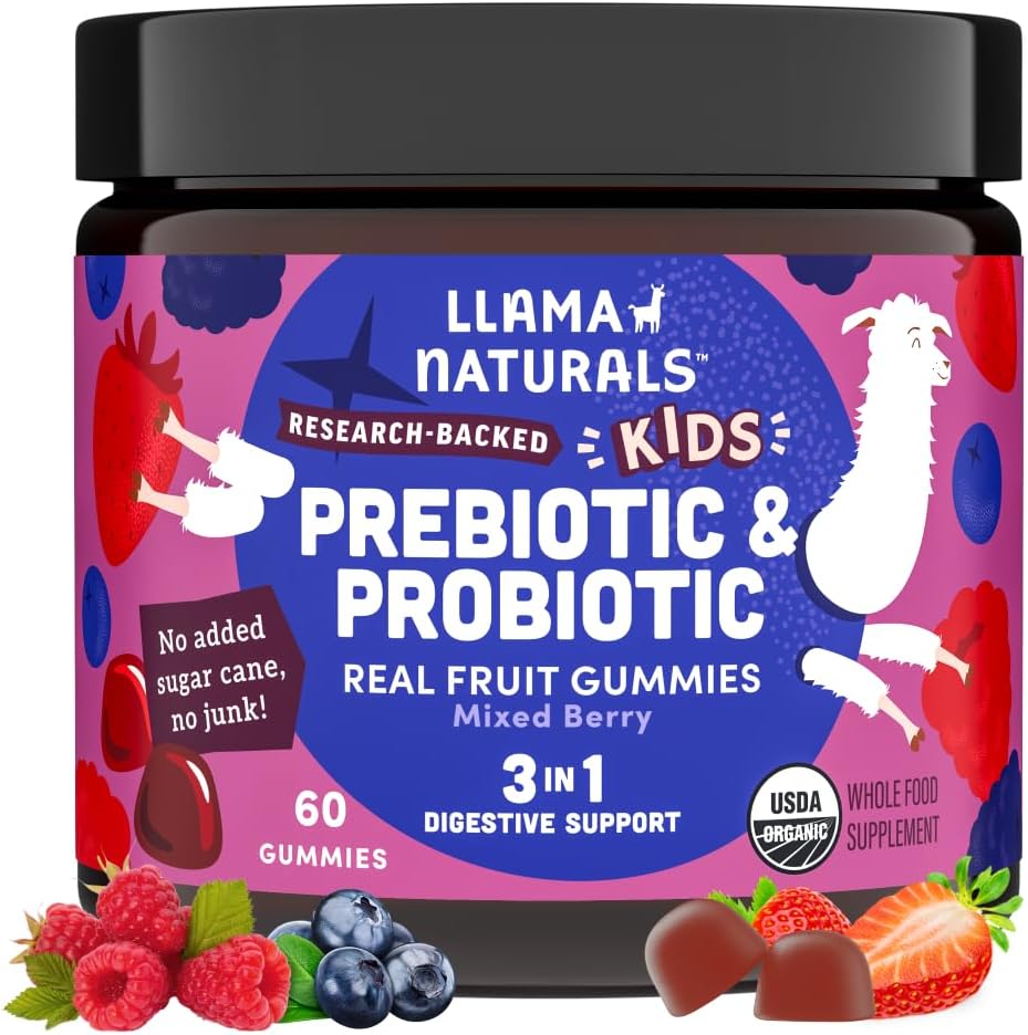 Lama Naturals Enfants Probiotique avec fibre prébiotique, végétalien, bio prébiotiques et probiotiques Gummies pour Gut soutien de la santé, Vitamines Gummy de fruits réels de Toddler, Pas d'ajout de canne à sucre, Berry mixte, 60 Ct