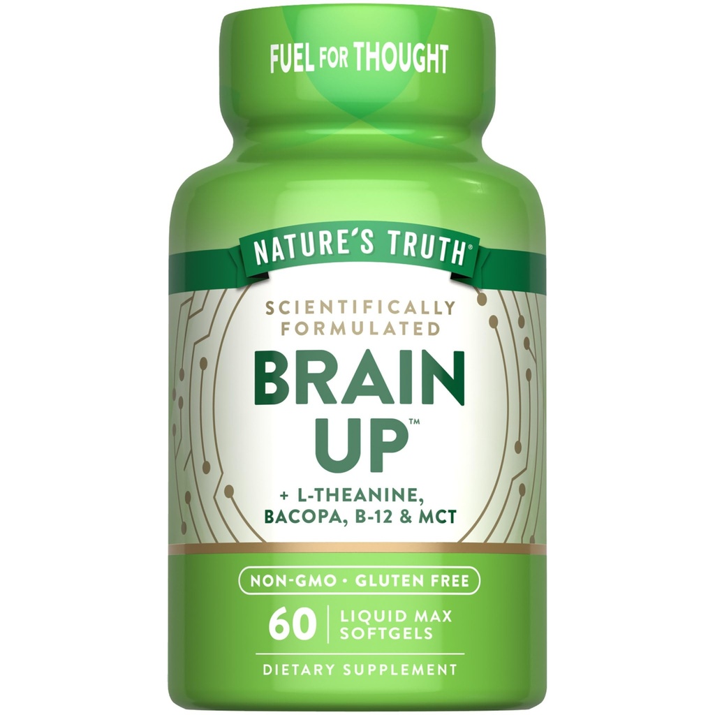 La vérité de la nature Cerveau vers le haut Softgels de 60 comtes avec L-Theanine, Bacopa, B-12 & MCT de supplément sans OGM et sans gluten
