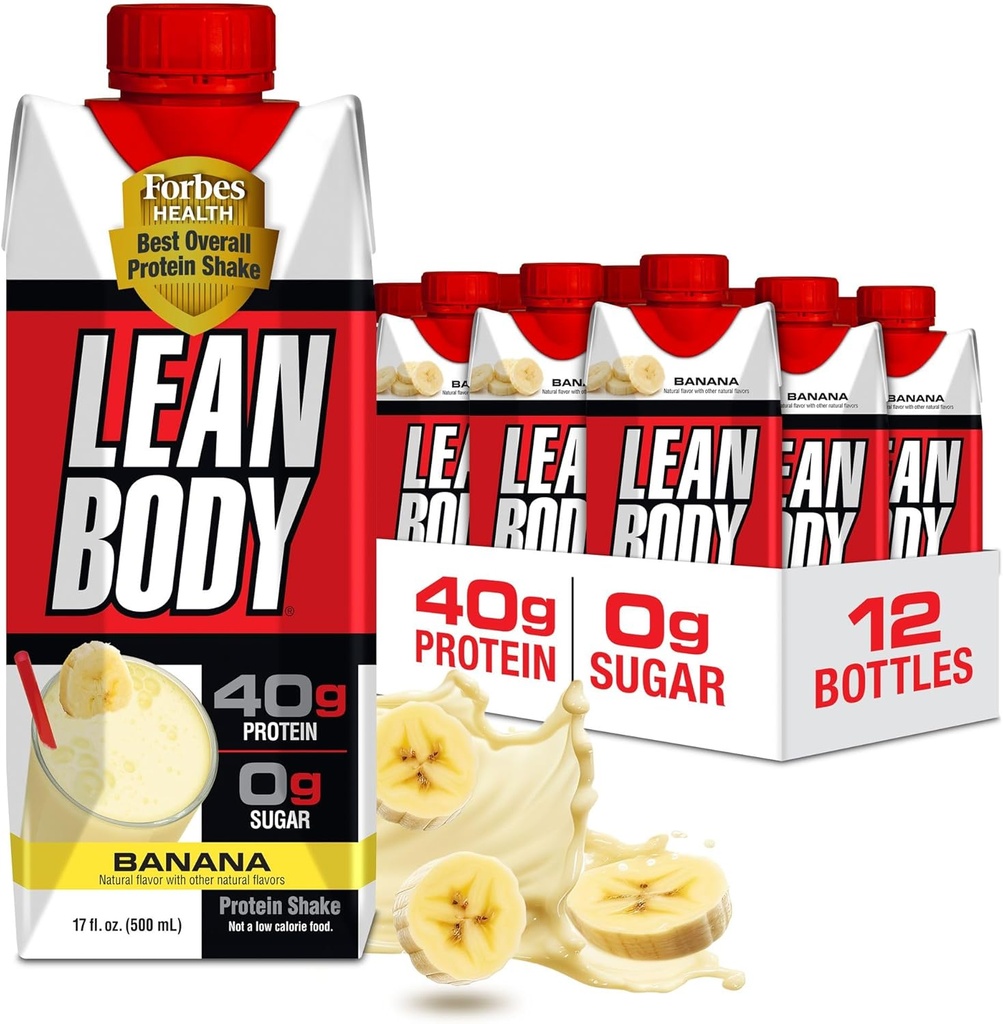 Lean Body Ready-to-Drink Banana Protein Shake, 40g Protein, Whey Blend, 0 Sugar, Gluten Free, 22 Vitamins & Minerals, 17 Ounce (Recyclable Carton & Lid - Pack of 12) LABRADA