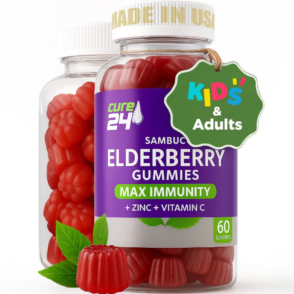 Gummées de mûres aînées de Sambucus + vitamine C + zinc pour enfants et adultes, support immunitaire X3, arômes naturels + ingrédients, végétalien, non-OGM, fabriqué aux États-Unis (60)
