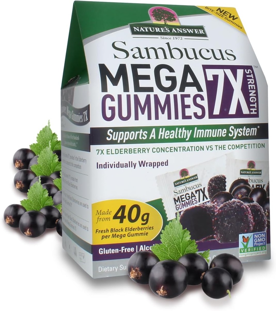 Réponse de la nature Sambucus Mega Gummies (en anglais seulement) 7X Plus de concentration de baies d'aînesse (en anglais seulement) Sans alcool, sans gluten, sans gélatine, végétalien, sans OGM et sans conservateurs (en anglais seulement) 30ct Gummies (paquet de 2)
