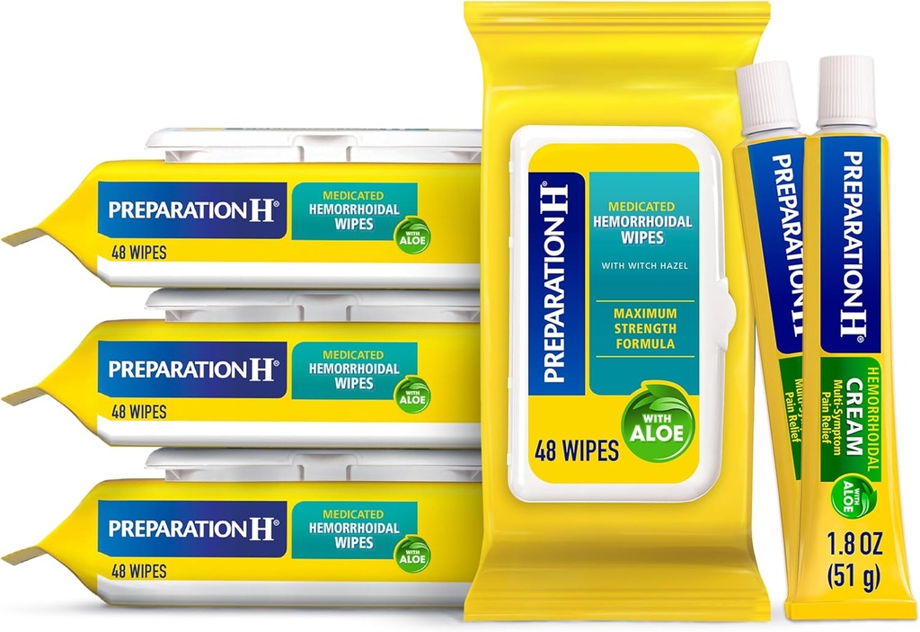Préparation H Épingles hémorroïdes avec Hazel sorcière, 192 Ct Plus Préparation H Crème de traitement des symptômes hémorroïdes, 2 tubes x 1,8 oz, Wipe Plus Treat pour un meilleur soulagement, Ensemble de soins hémorroïdes