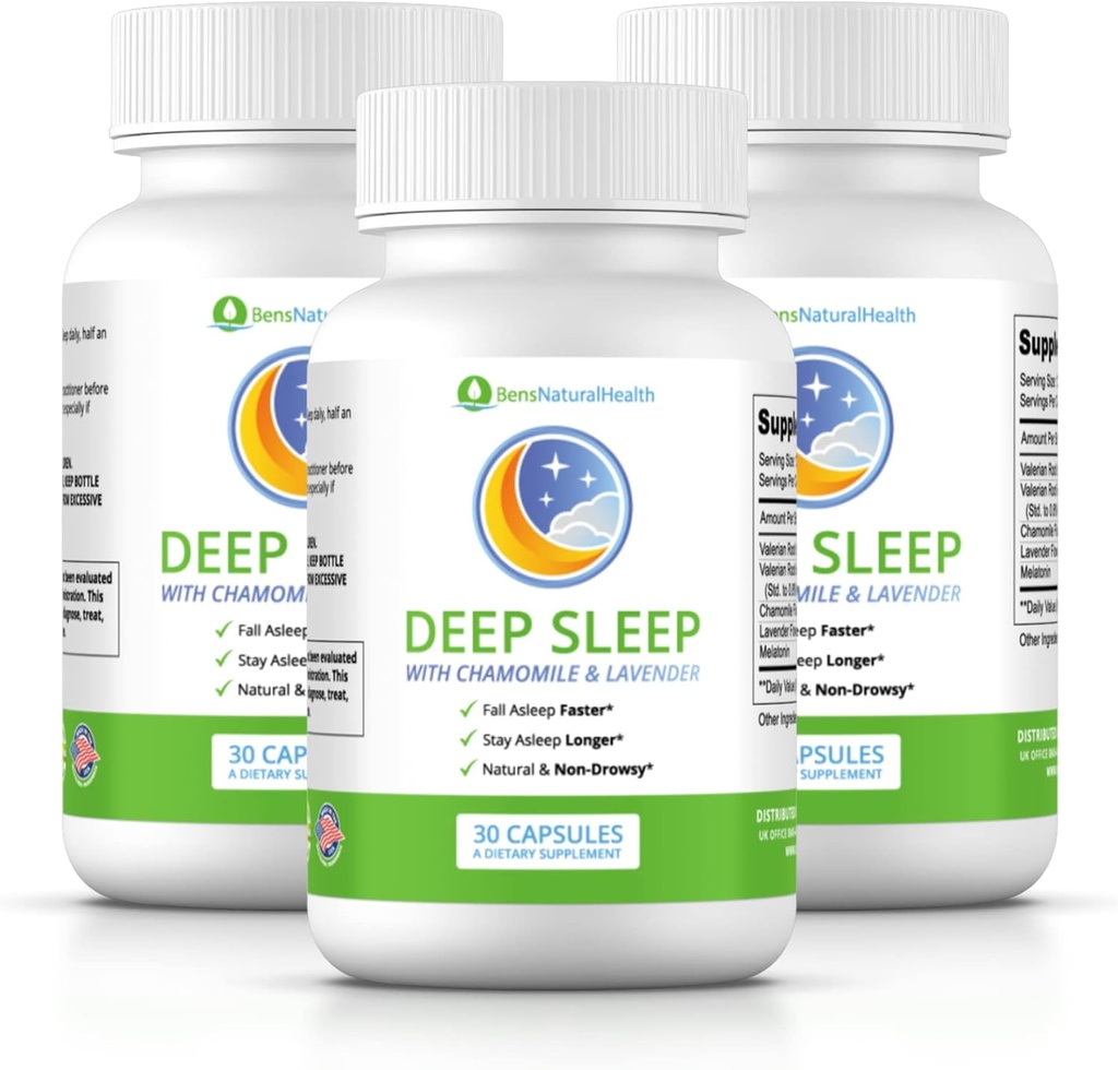 Ben's Natural Health Deep Sleep Support Supplément, Mélatonine, Valérien, Camomille et Lavande, 30 Capsules, 3 Pack