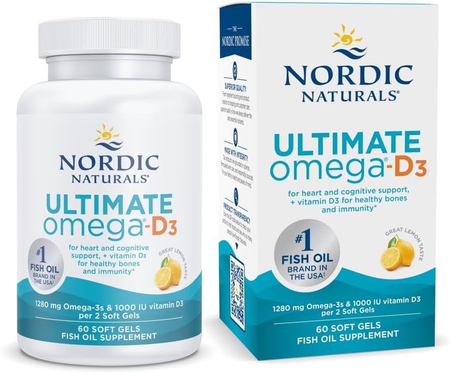 Nordic Naturals Ultimate Omega-D3, Saveur de citron - 60 gels souples - 1280 mg Omega-3 + 1000 UI Vitamine D3 - EPA & DHA - Promotion de la santé cérébrale, cardiaque et immunitaire - 30 portions