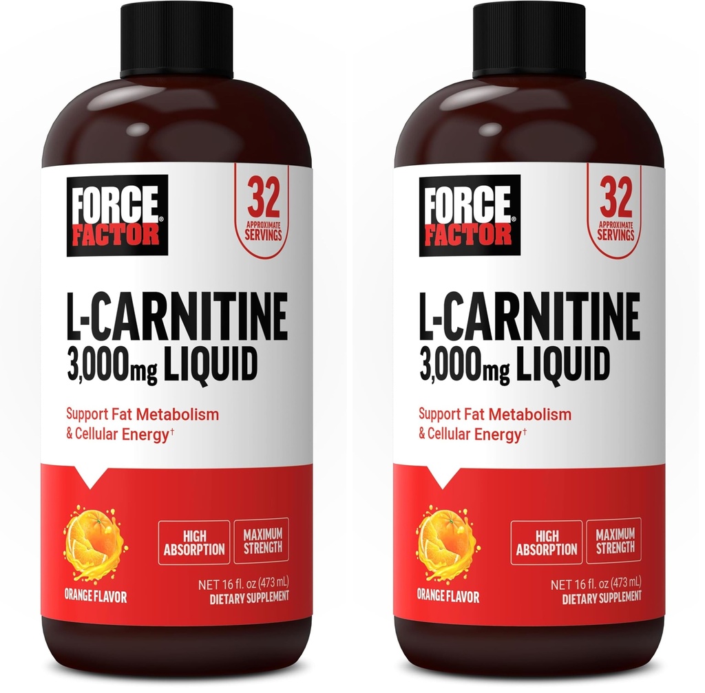 Facteur de force L supplément de carnitine, liquide L-Carnitine 3000 mg pour aider à transformer la graisse en énergie, soutenir la récupération musculaire, et stimuler l'énergie cellulaire, la force maximale, non-OGM, orange saveur, 16 Oz.