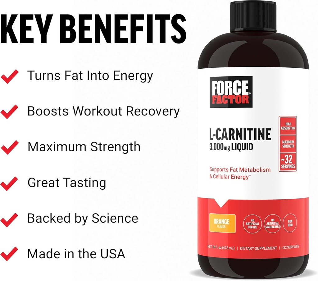 Facteur de force L supplément de carnitine, liquide L-Carnitine 3000 mg pour aider à transformer la graisse en énergie, soutenir la récupération musculaire, et stimuler l'énergie cellulaire, la force maximale, non-OGM, orange saveur, 16 Oz.