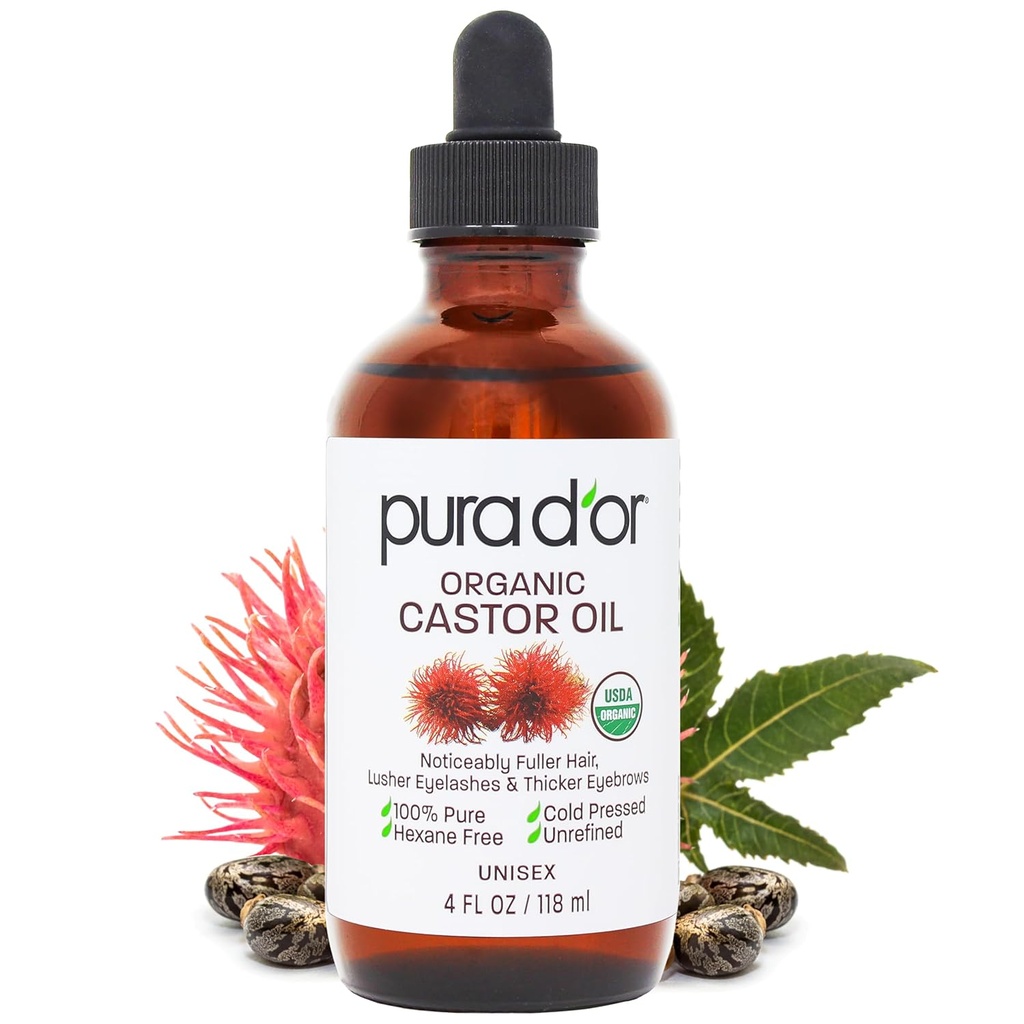PURA D'OR 4 Oz huile de ricin ORGANIQUE - 100% pur USDA certifié froid pressé, sans cils et sourcils Hexane - Pour les cils et sourcils plus pleins et plus épais - peau et cheveux