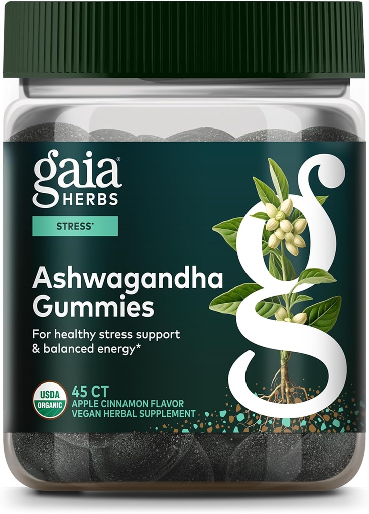Gaïa Herbes Gommies d'Ashwagandha bio, support de stress, cannelle, gingembre, sans gluten, végétalien, 45 comte
