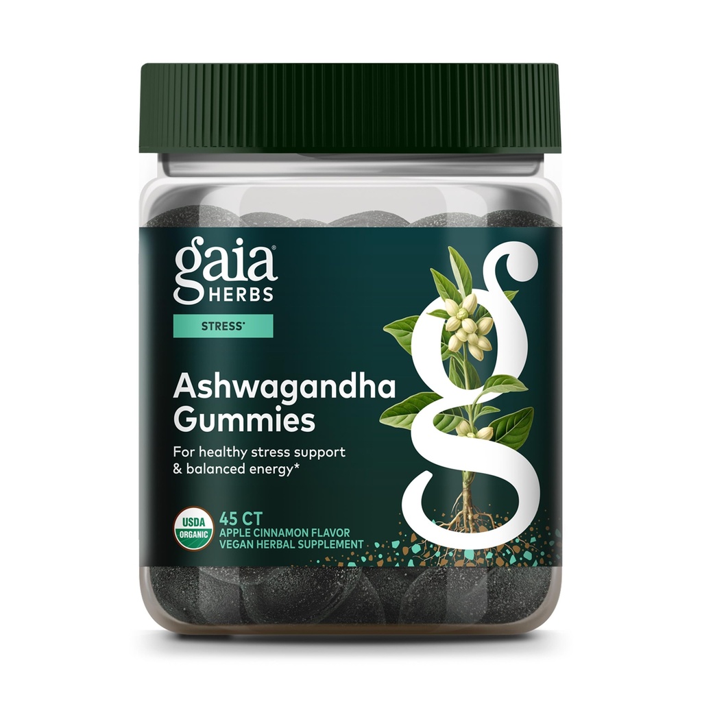 Gaïa Herbes Gommies d'Ashwagandha bio, support de stress, cannelle, gingembre, sans gluten, végétalien, 45 comte