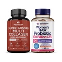 Bien-être sain Super-Absorb Multi Collagène Pilules (Type I II III V X) Herbes biologiques et biopérine + Dr. Formulé Probiotiques crus pour les femmes 100 milliards d'UCF avec des prébiotiques Bundle