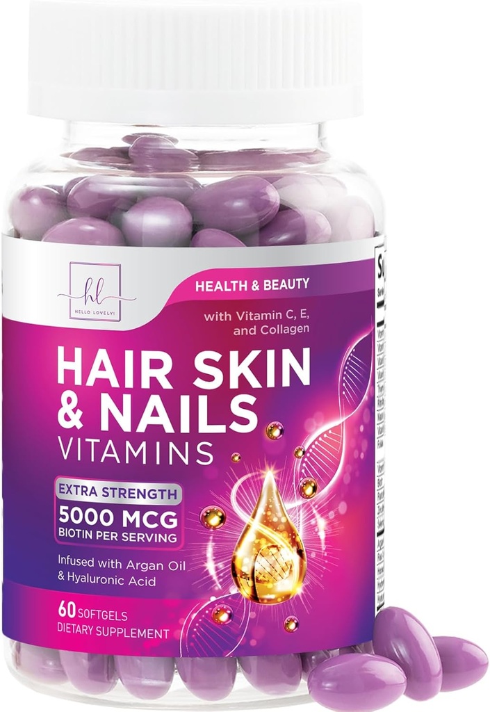 Vitamines pour les cheveux, la peau et les ongles pour les femmes - Biotin 5000mcg pour soutenir la croissance des cheveux avec huile d'argan, collagène et acide hyaluronique, belle peau, plus forte, cheveux et ongles supplément vitamine - 60 Softgels