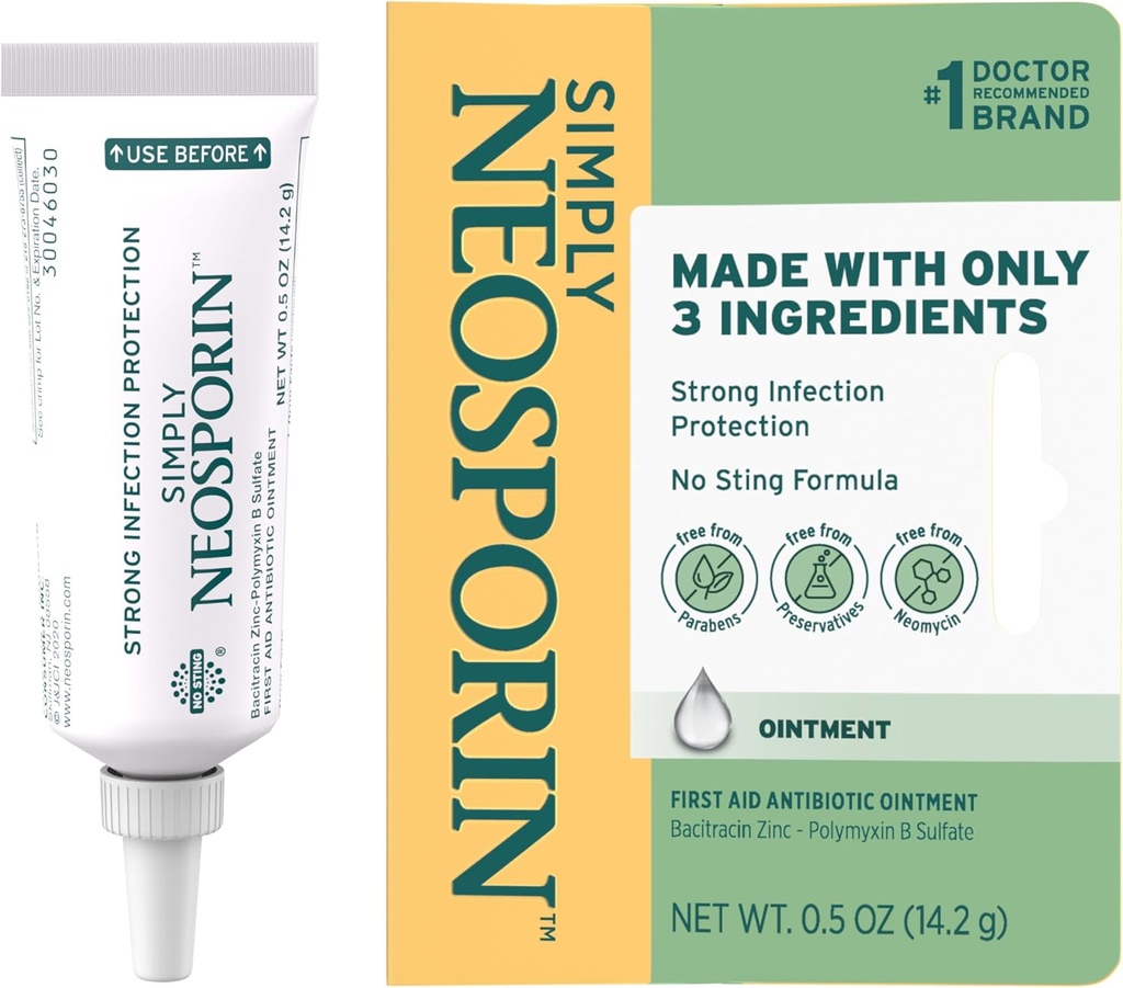 Neosporine Simplement Formule 3-Ingrédient Premiers soins Onguent antibiotique et traitement de la plaie avec Bacitracine Zinc et Polymyxine B Sulfate, Préservatif-, Paraben- et Néomycine-Sans, 0.5 oz