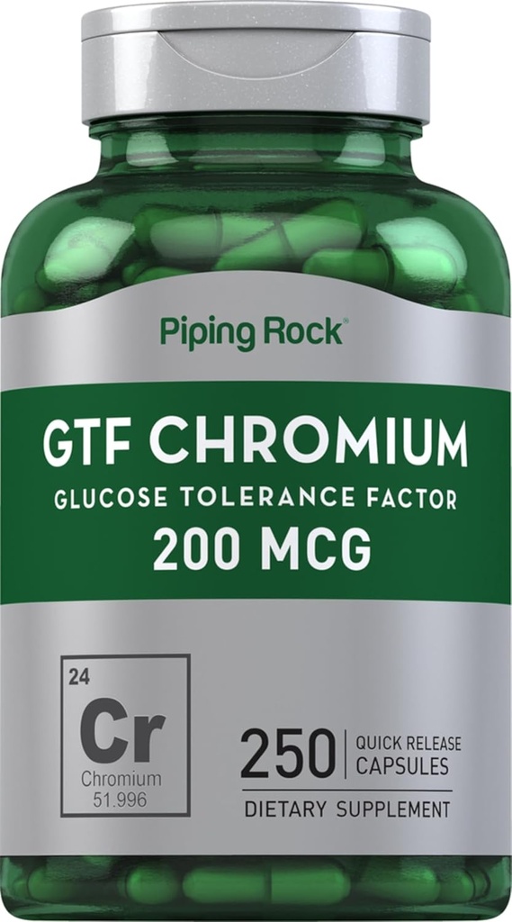 Piping Rock GTF Chromium 200 mcg, 250 capsules Supplément du facteur de tolérance au glucose, sans OGM et sans gluten