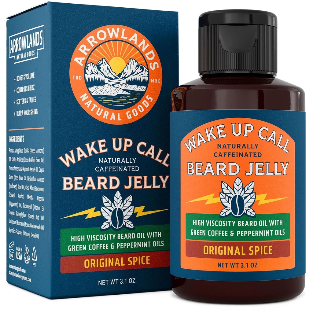 Wake Up Call Beard Jelly - Huile de croissance de barbe de caféine avec huile de café vert vierge et menthe poivrée, épaississant naturel et hydratant (3.1oz, épices originales)