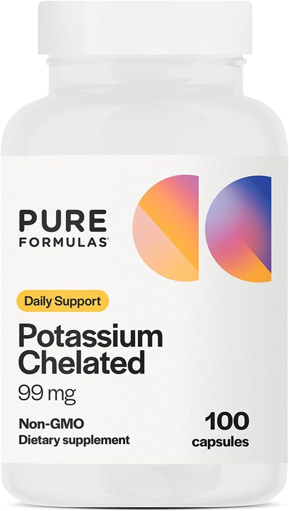 PureFormulas Potassium Supplément Chélaté 99 mg Formule de Potassium Pure pour l'énergie, le nerf, le muscle, le rein, le cœur et le squelettique, non-OGM - 100 capsules végétariennes