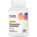 PureFormulas Potassium Supplément Chélaté 99 mg Formule de Potassium Pure pour l'énergie, le nerf, le muscle, le rein, le cœur et le squelettique, non-OGM - 100 capsules végétariennes