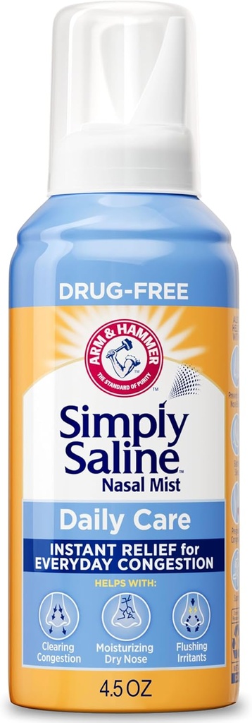 ARM & HAMMER Simply Saline Nasal Care Daily Mist 4.5oz – Soulagement instantané pour la congestion quotidienne – One 4.5oz Bouteille