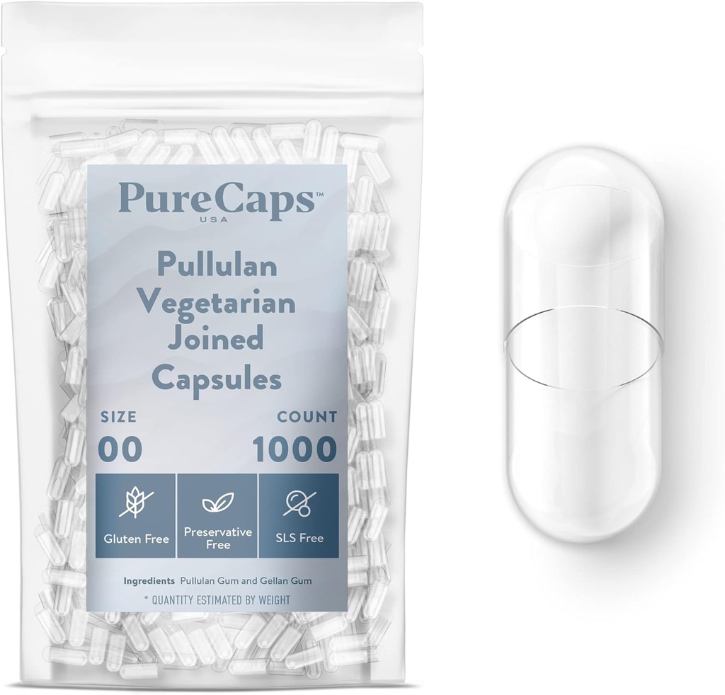 PureCaps USA - Capsules Végétariennes Végétariennes vides Pullulan Pill Taille 00=1 000 Pills jumelés Clear=Certifiés non-OGM=SLS, gluten, sans conservateur