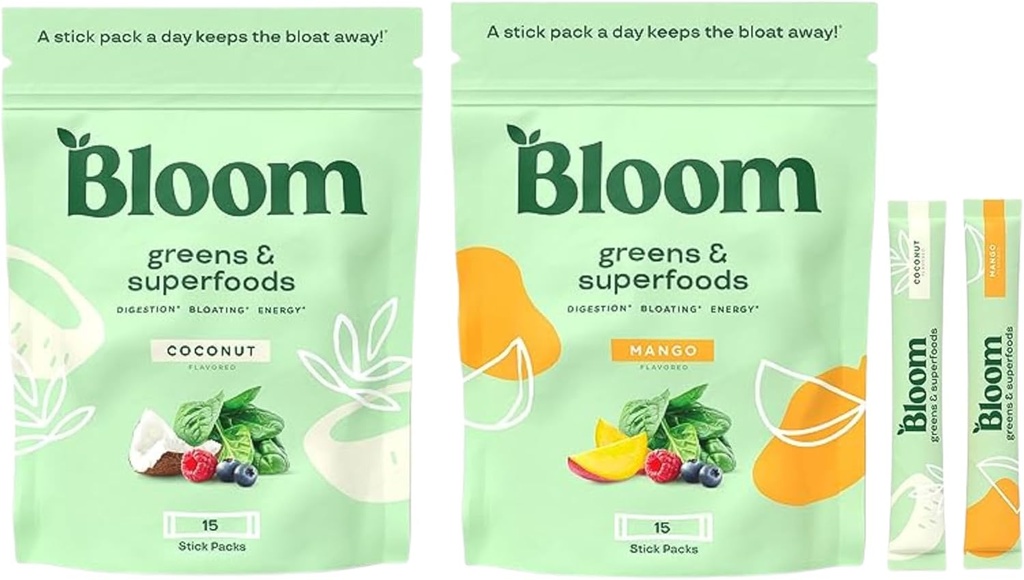 Bloom Nutrition Super Greens Powder Stocking Stuff Stick Packs Bundle - Mango & Coconut