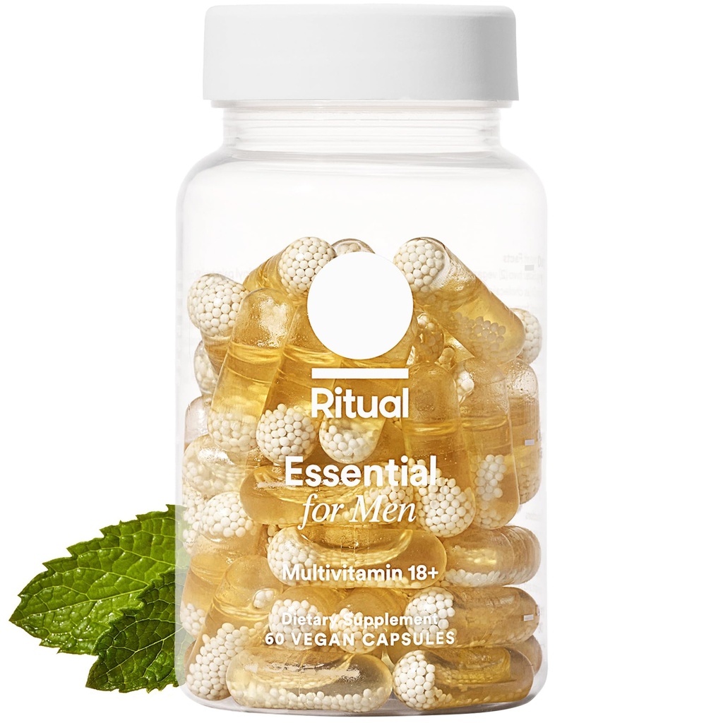 Multivitamine rituelle pour les hommes 18+ avec du zinc, vitamine A et D3 pour le soutien de la fonction immunitaire*, Omega-3 DHA, B12, K2, sans gluten, sans OGM, végétalien, menthe, 30 jours d'approvisionnement