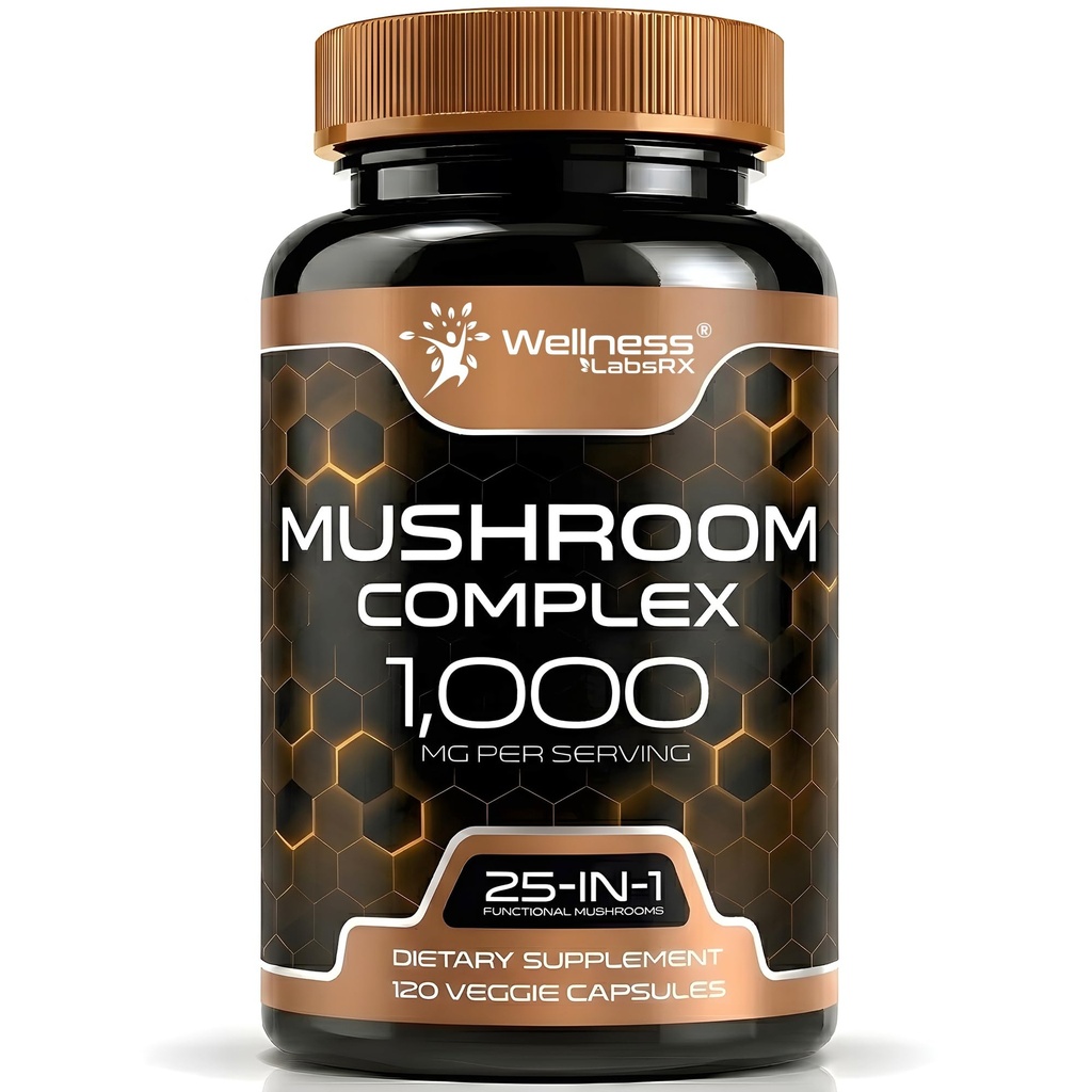 WELLNESS LABSRX Gélules supplémentaires de champignons 10:1 Extrait, Gélules complexes de champignons 1000mg, Lions Lamane Supplément avec la queue de dinde, Cordyceps, Reishi - 120 Compte