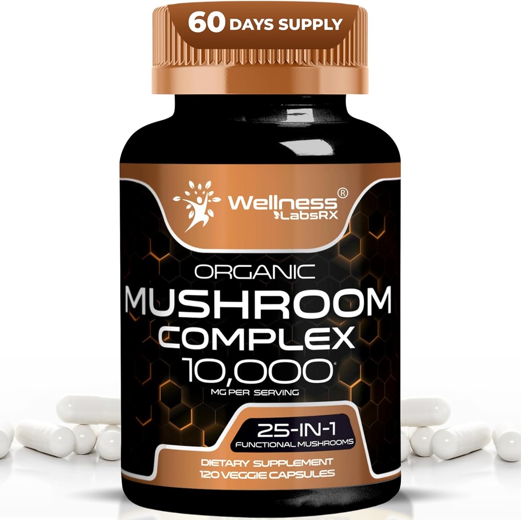 WELLNESS LABSRX Gélules supplémentaires de champignons 10:1 Extrait, Gélules complexes de champignons 1000mg, Lions Lamane Supplément avec la queue de dinde, Cordyceps, Reishi - 120 Compte