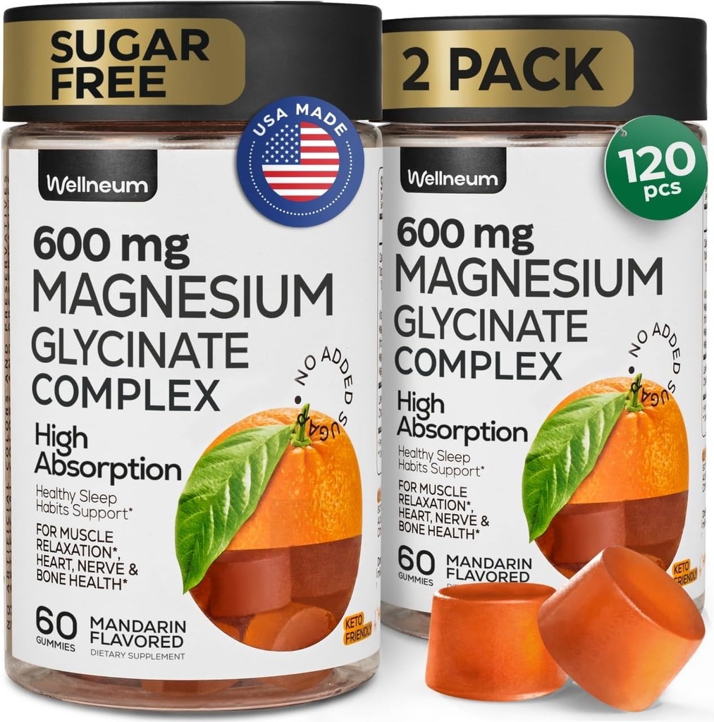 Magnésium Glycinat Gommies 600Mg 2 Pack - Haute Absorption, Complexe de Magnésium Triple Calme - Mâches pour la relaxation et le sommeil - Supplément de gommy avec vitamine D - Vegan, sans sucre, Gut Friendly