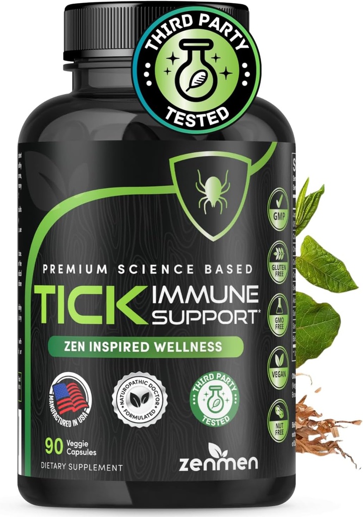 Supplément de support Zenmen Tick Immune - Formule améliorée - Knotweed japonais, Cat's Claw, Skullcap chinois, Cryptolepis Sanguinolenta, Sweet Wormwood - 90 Capsules Vegan, fabriquées aux États-Unis