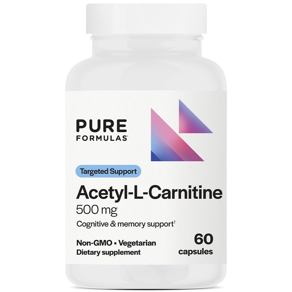 PureFormulas Acetyl L-Carnitine Cognitive & Memory Support L Supplément carnitine pour le cerveau, la concentration et la calamité Alcar, 500mg Sans lait 60 Capsules