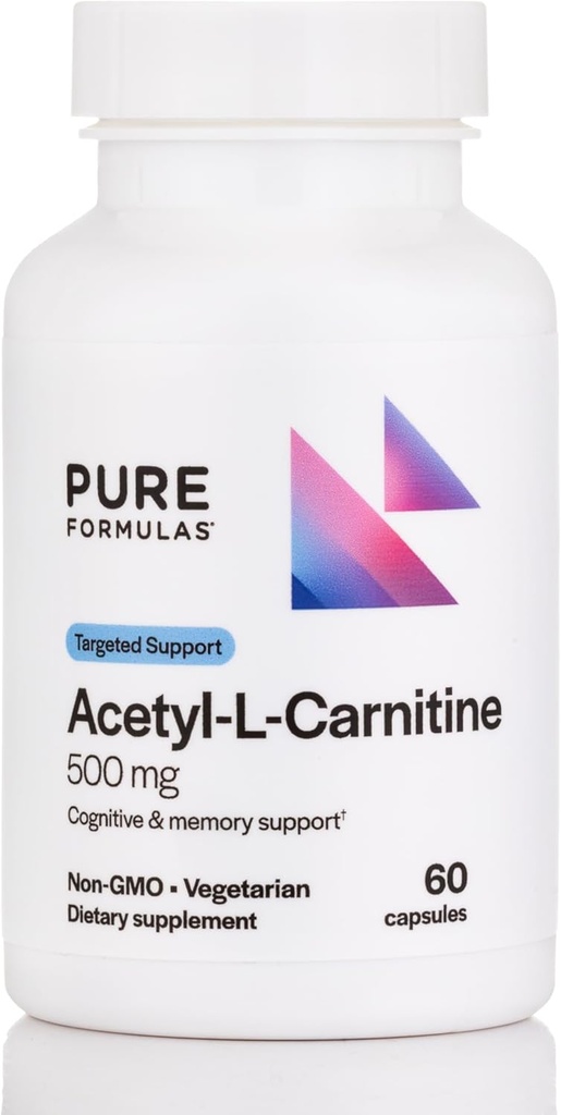 PureFormulas Acetyl L-Carnitine Cognitive & Memory Support L Supplément carnitine pour le cerveau, la concentration et la calamité Alcar, 500mg Sans lait 60 Capsules