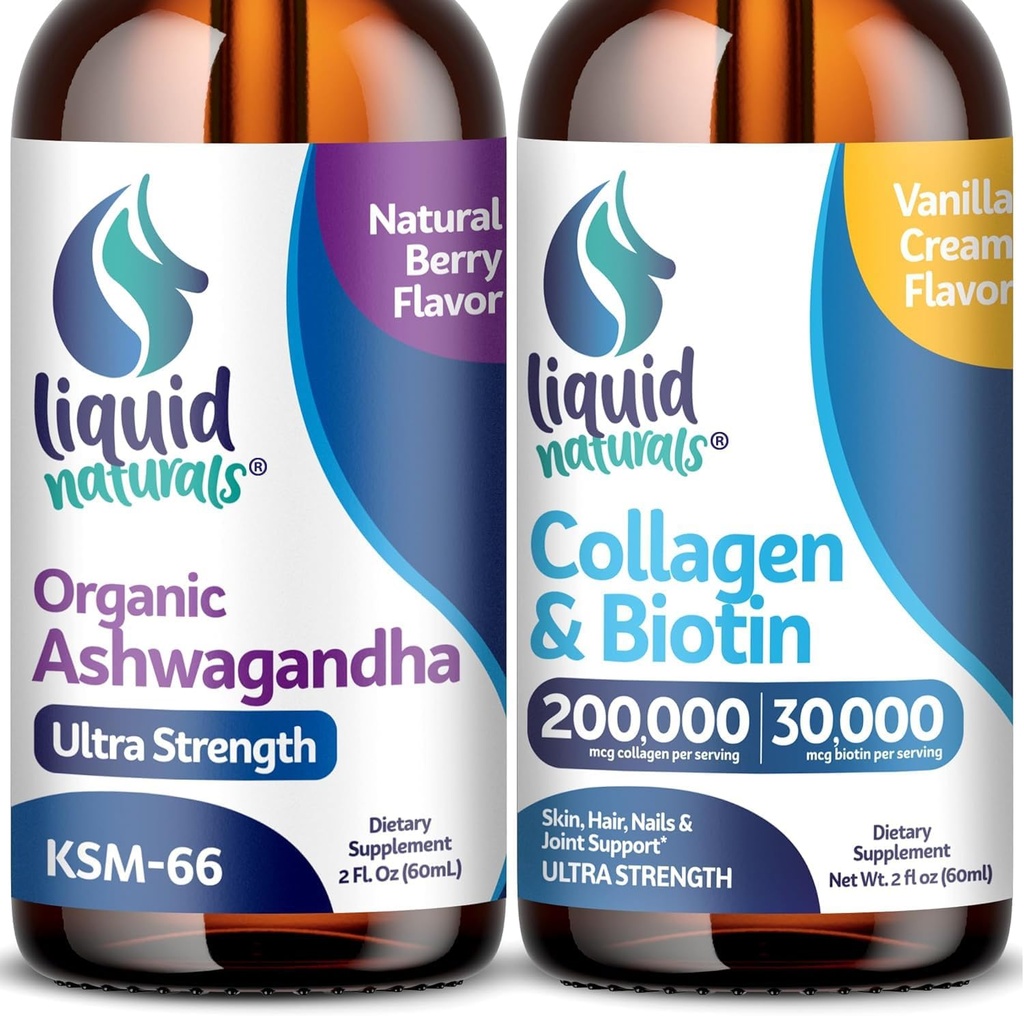 Collagène liquide, 2 Fl. Oz Collagène liquide ultra-forte pour les femmes, Peptides de collagène de vitamine B7, Suppléments de biotine et de collagène │ Gouttes d'ashwagandha - 2000mg - 6X plus forts que les pilules et capsules, comme