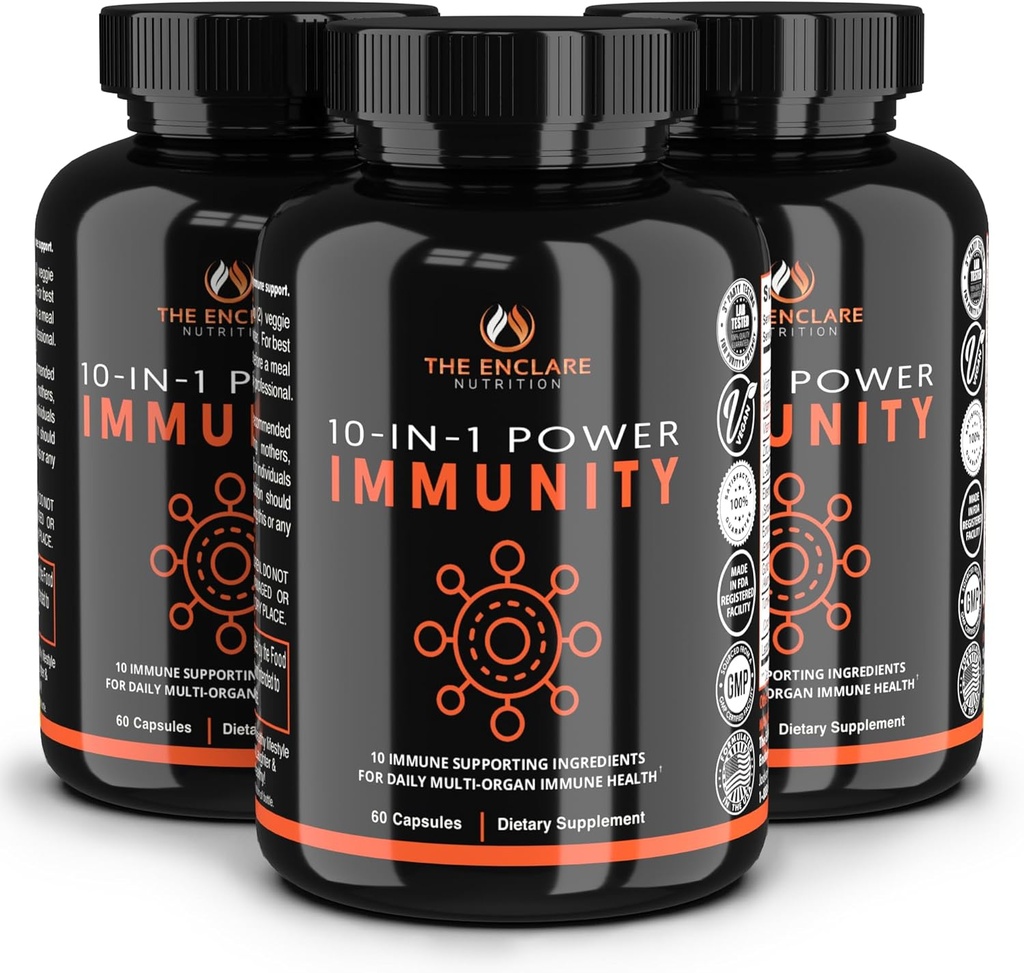 THE ENCLARE NUTRITION Immune Support Vitamins with Vitamin C, Elderberry, Zinc, Echinacea, Turmeric Curcumin, Garlic. 10in1 Immunity Defense Supplement Booster for Adults. Veg Capsules 60ct (3)