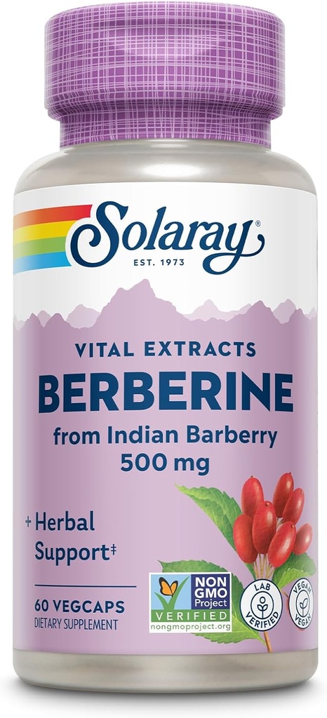 SOLARAY Berberine 500mg - Supplément Berberine pour un mode de vie sain et actif - avec Berberine HCl de la baie d'Inde - Vegan, non-OGM, garantie de 60 jours, laboratoire vérifié - 60 portions, 60 VegCaps