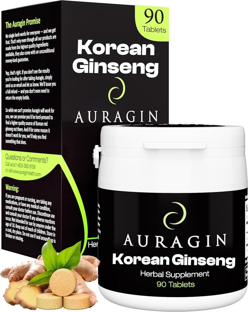 Auragin® Ginseng rouge coréen authentique – Fabriqué en Corée – Racines de 6 ans – Pas d'additifs ou d'autres ingrédients – Ginseng panax rouge 100% dans chaque tablette