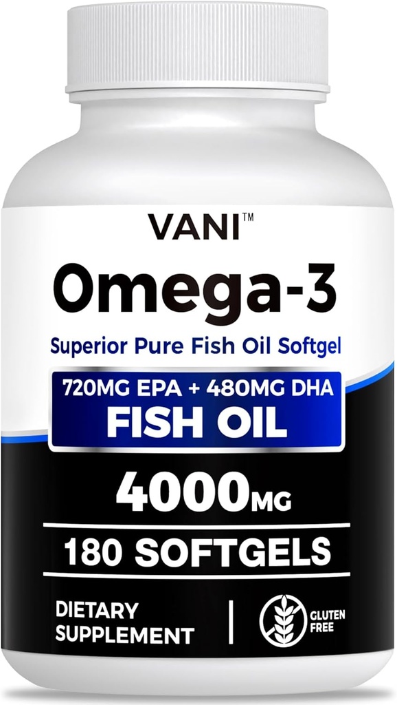 Huile de poisson Oméga 3 (4000mg), 180 Softgels, Oméga 3 suppléments acides gras avec EPA et DHA pour la santé du cerveau et du coeur*
