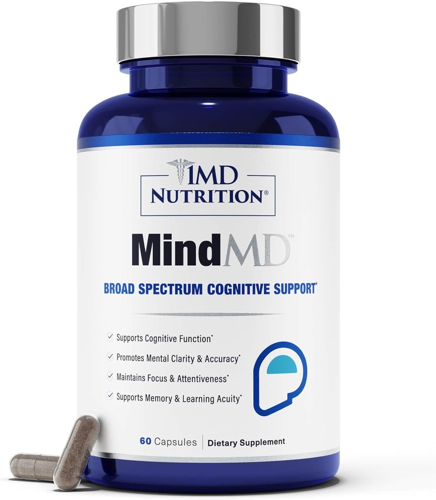 1MD Nutrition MindMD - Brain Supplement for Memory and Focus - Bacopa Monnieri for Nootropic Brain Support - Brain Health Supplement for Adults - with Vitamin B6 & Green Tea Extract - 60 Caps