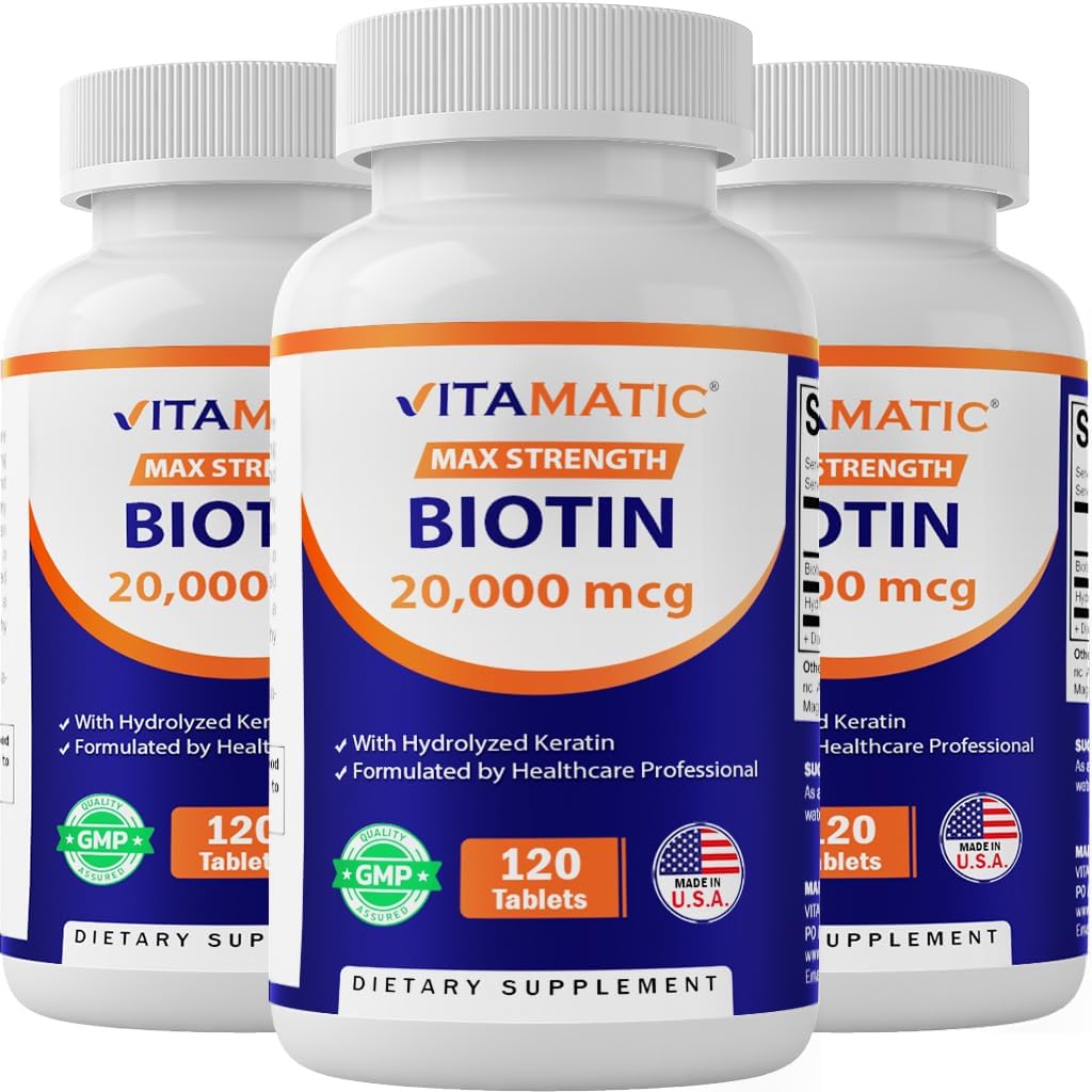 Biotine Vitamatique à haute puissance 20000 mcg (20mg) avec kératine 100mg - 120 comprimés végétariens - Suppléments Biotine pour la peau et les ongles des cheveux sains pour les adultes (120 Nombre (paquet de 3))