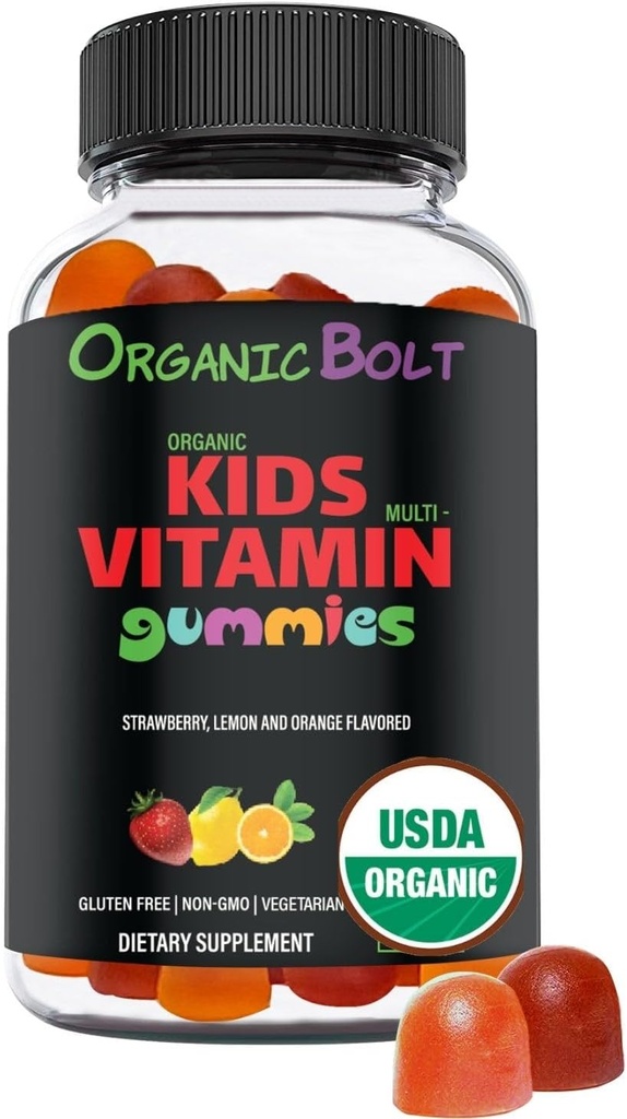 USDA Organic Kids multivitamins 30-60 Day Supply, Daily Kids Multivitamin Gummies avec Vitamine C, D, A, E, B6, B12, Biotin, Zinc. Vitamines pour enfants biologiques pour le soutien immunitaire et la santé globale. 60 Nombre