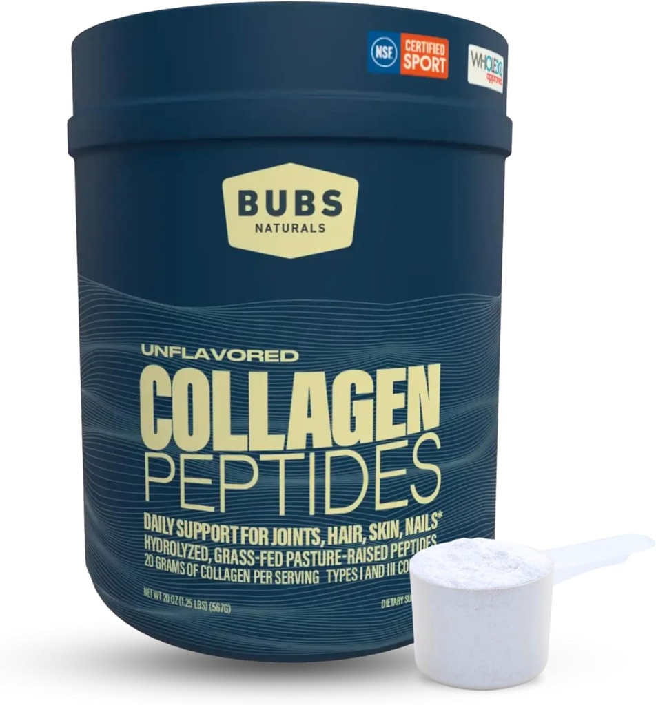 BUBS Naturals Collagen Peptides Poudre, Collagène pour les femmes et les hommes, Peptides hydrolysés, Pâturages non aromatisés élevés à l'herbe Fed, Paleo Keto Friendly, soutient la peau des cheveux et la santé articulaire (20 oz) 28 portions