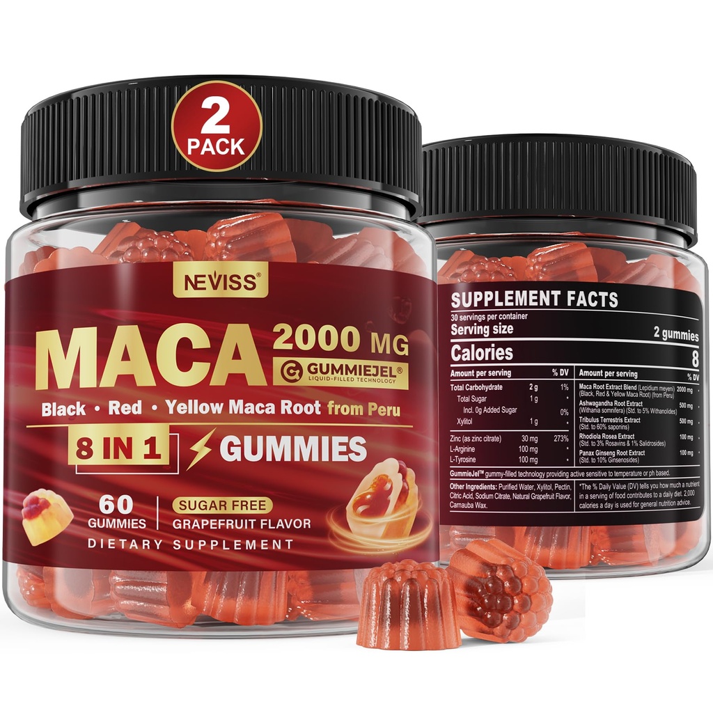 2 Pack sans sucre Gommies de racine de Maca 2000mg avec Ashwagandha, Tribulus Terrestris, Rhodiola, Panax Ginseng, L Arginine & L Tyrosine - Bio Noir Rouge Jaune de Maca racine pour les femmes Hommes Soutien énergétique