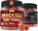 2 Pack sans sucre Gommies de racine de Maca 2000mg avec Ashwagandha, Tribulus Terrestris, Rhodiola, Panax Ginseng, L Arginine & L Tyrosine - Bio Noir Rouge Jaune de Maca racine pour les femmes Hommes Soutien énergétique