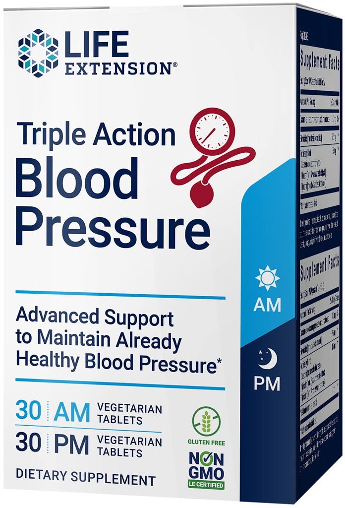 Life Extension Triple Action Blood Pressure, Heart Health Supplement, quercetin, stevia Extract, melatonin, Morning and Night Support, Gluten-Free, Non-GMO, Vegetarian, 60 Tablets