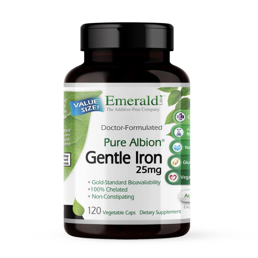 Emerald Labs Fer doux 25mg - Chélalate de bisglycin ferreux - Supplément en fer chélaté qui soutient l'énergie, l'oeil, l'immunité et la santé cardiaque - 120 capsules végétales (120 jours d'approvisionnement)