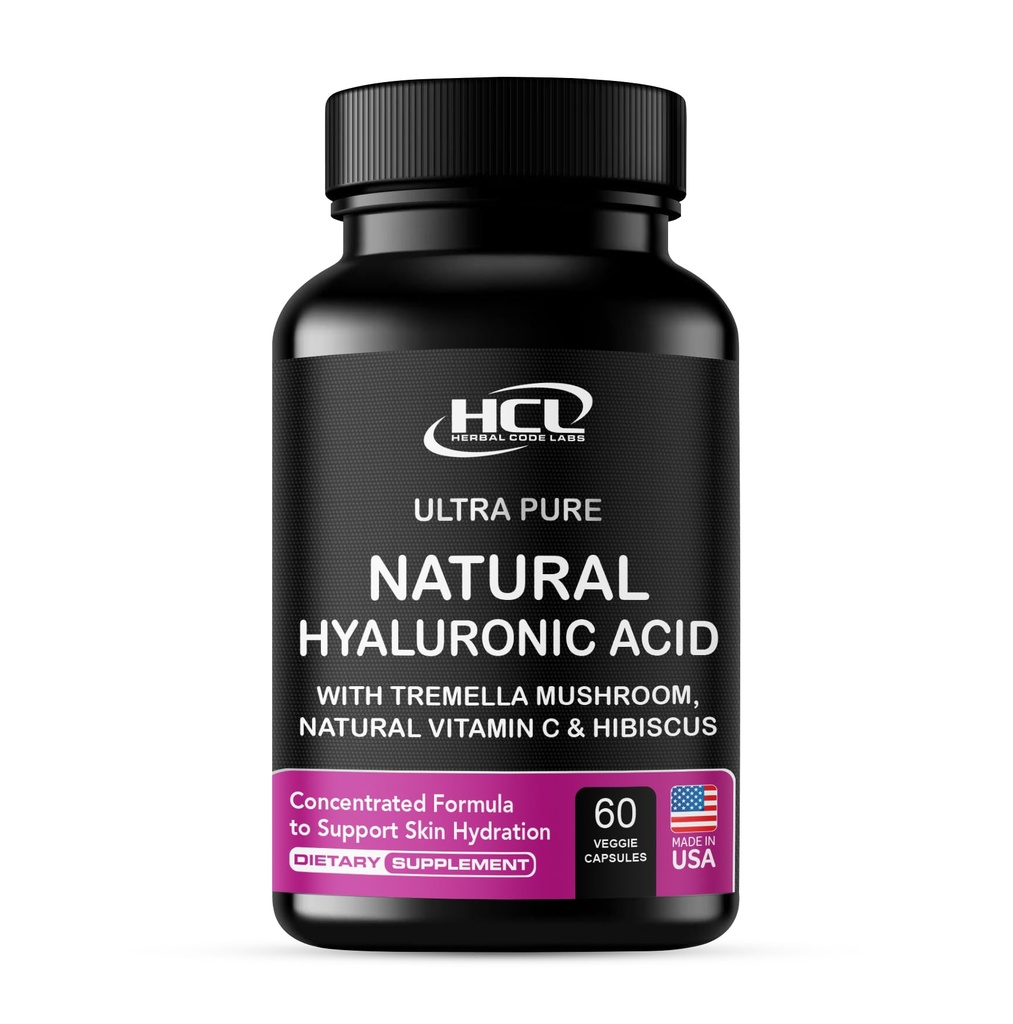 Supplément naturel à l'acide hyaluronique 5X pilules plus fortes d'hydratation de Champignon Tremella pur avec vitamine C et Hibiscus - Supplément de peau Capsules diététiques anti-rides - vitamines pour ongles capillaires