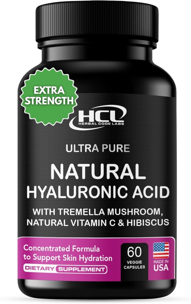 Supplément naturel à l'acide hyaluronique 5X pilules plus fortes d'hydratation de Champignon Tremella pur avec vitamine C et Hibiscus - Supplément de peau Capsules diététiques anti-rides - vitamines pour ongles capillaires